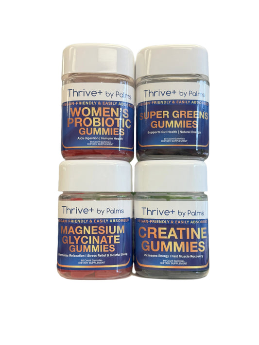 Thrive+ by Palms Bundle Pack- Creatine, Magnesium Glycinate, Women's Probiotics and Super Greens Gummy Supplements