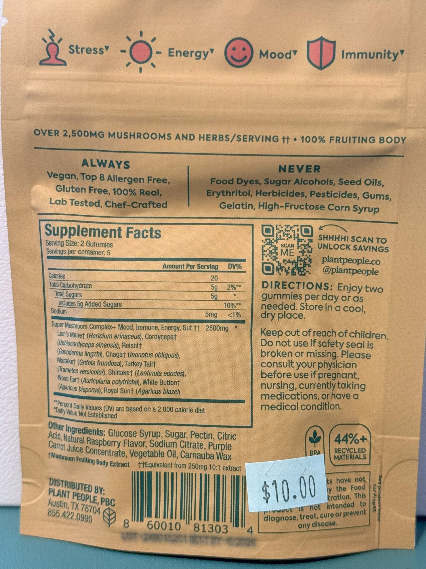 Plant People Wonder Day Mushroom Gummies 10 Count