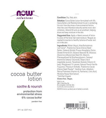 NOW Cocoa Butter Lotion 8 fl oz Deep Moisture for Soft, Healthy Skin